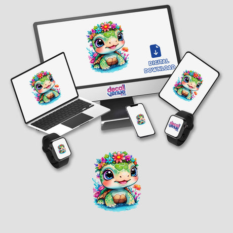 Adorable Baby Turtle: Big Eyes and Flower Crown with Floral Splash displayed on a computer monitor and laptop screens, emphasizing its availability as unique stickers or digital artwork from Decal Venue.