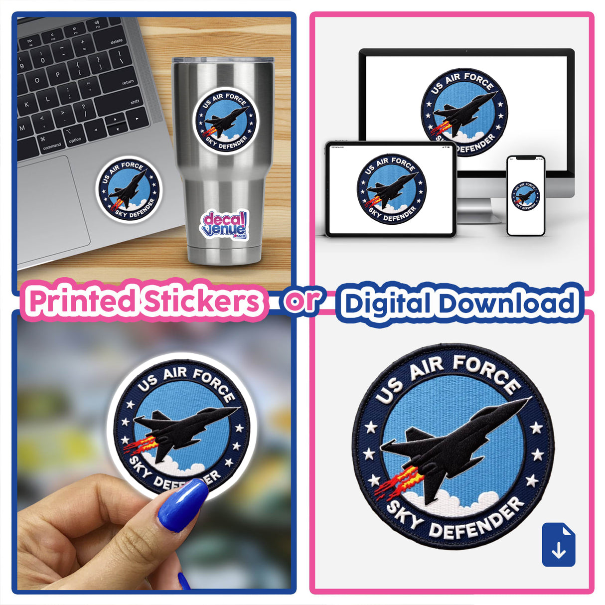 US AIR FORCE SKY DEFENDER sticker on a laptop, featuring a jet flying in the sky. Available as stickers or digital artwork.