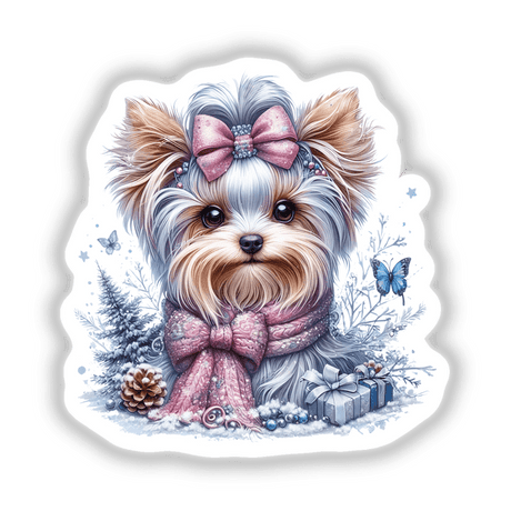 Pastel Watercolor Winter Yorkie Dog featuring a Yorkie adorned with a scarf and bow, available as stickers or digital artwork. Ideal for pet lovers seeking unique, artistic expressions.