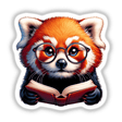 Cartoon of a red panda with reading glasses engrossed in an open book, titled Red Panda With Reading Glasses Open Book, available as stickers or digital artwork.