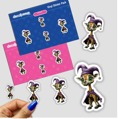 Whimsical Giraffe in Jester Hat and Purple Cape sticker featuring a cartoon giraffe character, showcased with a close-up detail of its playful accessories. Available as stickers or digital artwork.