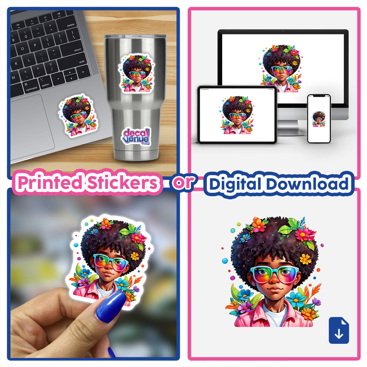 Collage featuring Trendy Afro Boy with Cool Glasses: Rainbow Floral Splash, including close-ups of stickers and digital artwork options.