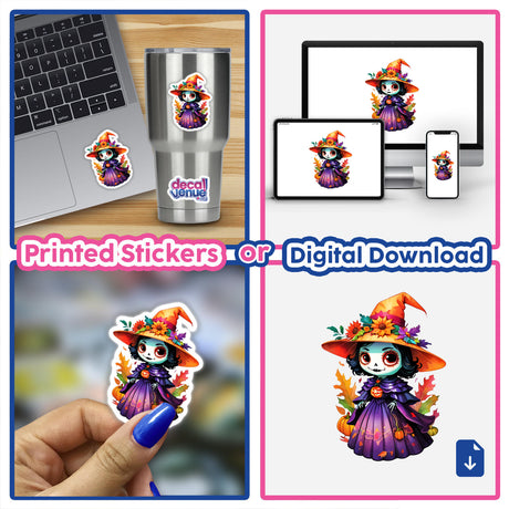 Day of the Dead Witch Queen Sticker Design featuring a cartoon character with a witch hat, available as stickers or digital artwork.