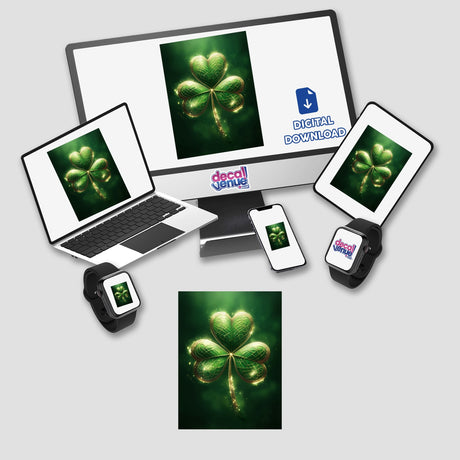 Glowing Celtic Shamrock – Green Clover with Golden Knotwork displayed on a laptop and smartwatch screens, showcasing intricate clover designs, ideal for stickers or digital artwork from Decal Venue.