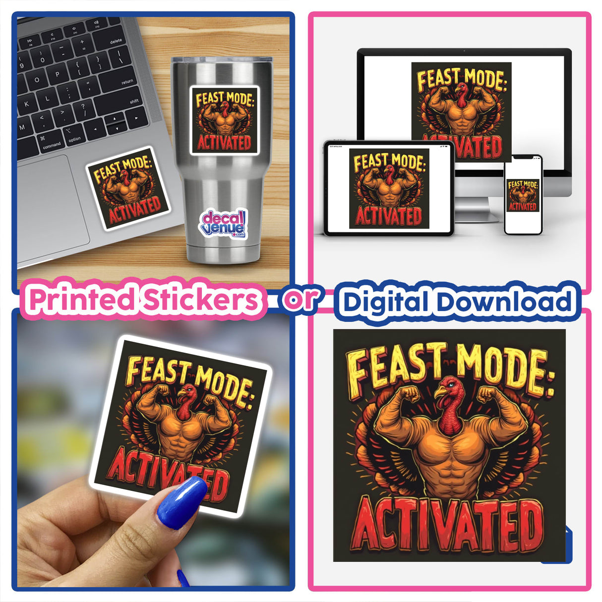 Feast Mode: Activated Thanksgiving Sticker & Clipart with Commercial Rights featuring a turkey bodybuilder flexing muscles, shown on a laptop and as a standalone sticker.