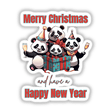 New Year's panda bears group holding a present and champagne, available as stickers or digital artwork from Decal Venue.