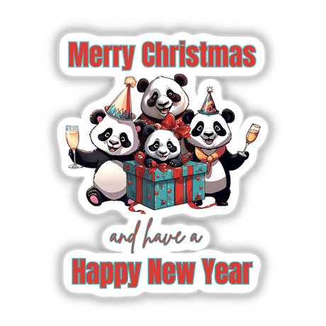 New Year's panda bears group holding a present and champagne, available as stickers or digital artwork from Decal Venue.