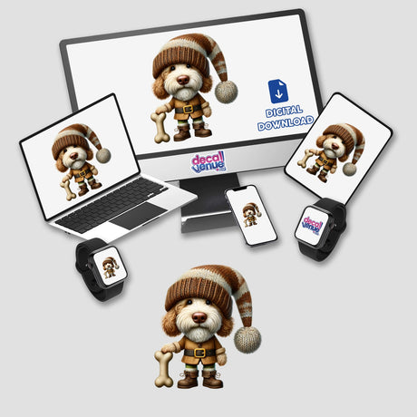 Cute Labradoodle gnome with dog bone in various digital device mockups