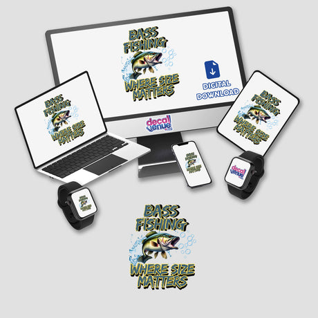 Bass Fishing artwork featuring a computer monitor displaying a fish, a laptop, a phone, and smartwatches. Available as stickers or digital artwork from Decal Venue.