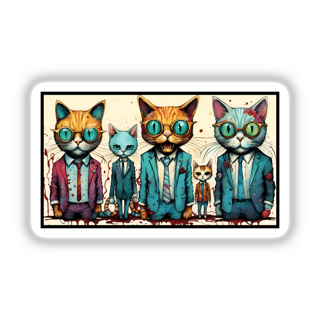 Five cartoon cats in suits and ties, depicted with humorous expressions, titled 5 Psycho Cats in Suits, available as stickers or digital artwork.