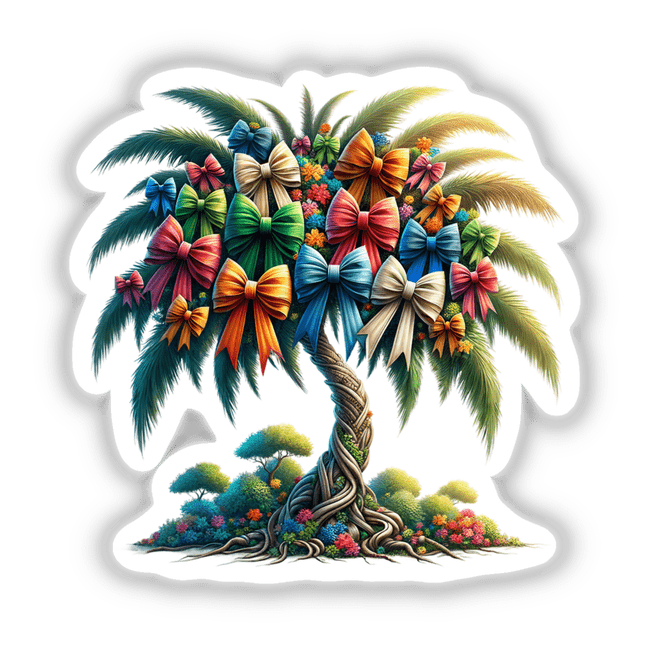 Vibrant palm tree with colorful bow bouquet sticker depicting digital artwork