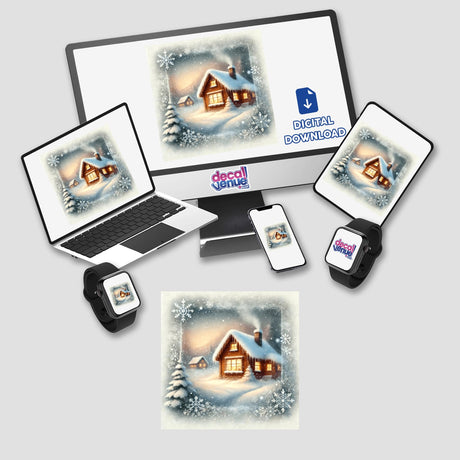 Computer monitor and laptop displaying Snowy Window View - Cozy Cabin and Falling Snow Watercolor, available as stickers or digital artwork from Decal Venue.