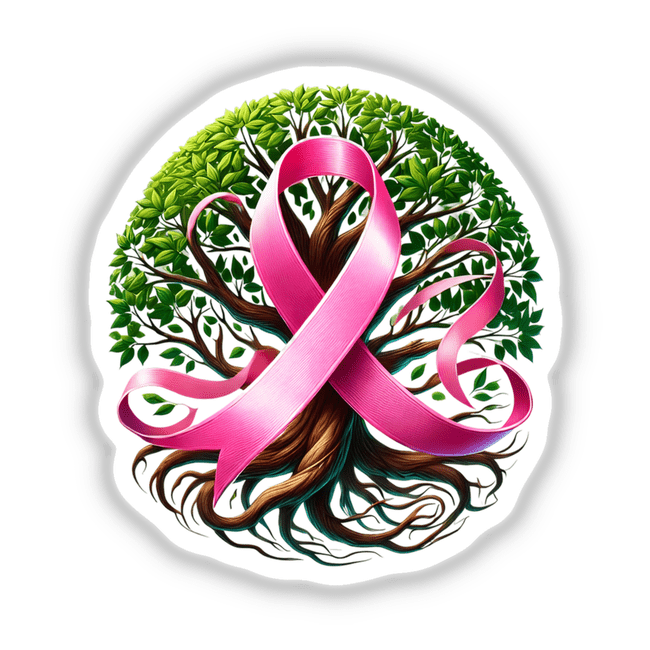 Breast Cancer Ribbon Intertwined with Tree Branches, depicted as a pink ribbon wrapped around a tree, available as stickers or digital artwork from Decal Venue.