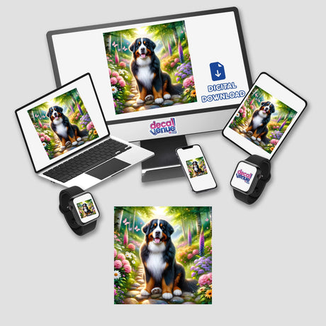 Bernese Mountain Dog on a Peaceful Mountain Trail Watercolor Illustration displayed on digital devices, highlighting its availability as unique stickers or digital artwork from Decal Venue.