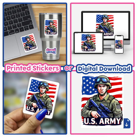 Collage featuring a laptop with U.S. Army - American Soldier With Flag artwork. Available as stickers or digital art, highlighting a soldier holding a gun, with a focus on military themes.