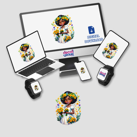 Sunshine Bloom: A cartoon girl holding flowers displayed on a computer monitor and laptop, available as stickers or digital artwork.