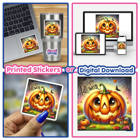 Collage of Bronze Halloween Series 4 stickers/digital art featuring laptop stickers, pumpkins, and a person holding a square card.