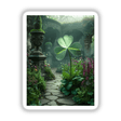 Mystical Shamrock – Dew-Kissed Clover in an Enchanted Garden: A detailed sticker or digital artwork showcasing a close-up of a four-leaf clover amidst a stone path and greenery.