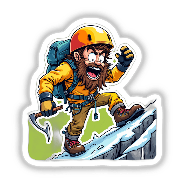 Alpinista Barbudo: Cartoon of a bearded man climbing a mountain, wearing a helmet and holding a pickaxe. Available as stickers or digital artwork from Decal Venue.