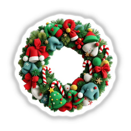 Wreath Ugly Christmas Sweater Style features a festive wreath adorned with knitted hats, candy canes, and ornaments, available as stickers or digital artwork. Perfect for adding a unique holiday touch.