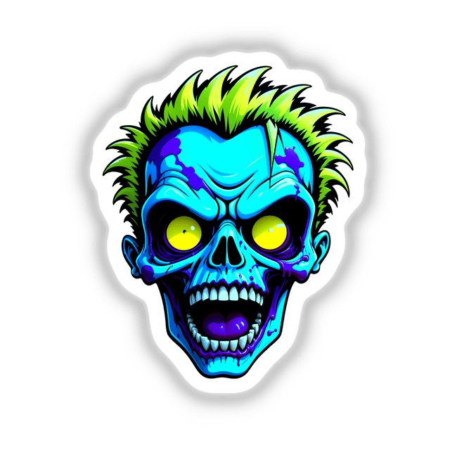 Cool Neon Punk Zombie Skull illustration featuring a cartoon skull with vivid details, available as stickers or digital artwork, capturing the edgy essence of Decal Venue's unique collection.