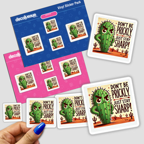 Cactus with Attitude - Don’t be prickly, just stay sharp: A sticker featuring a cartoon cactus with an angry face, embodying a bold design perfect for adding character to any surface.