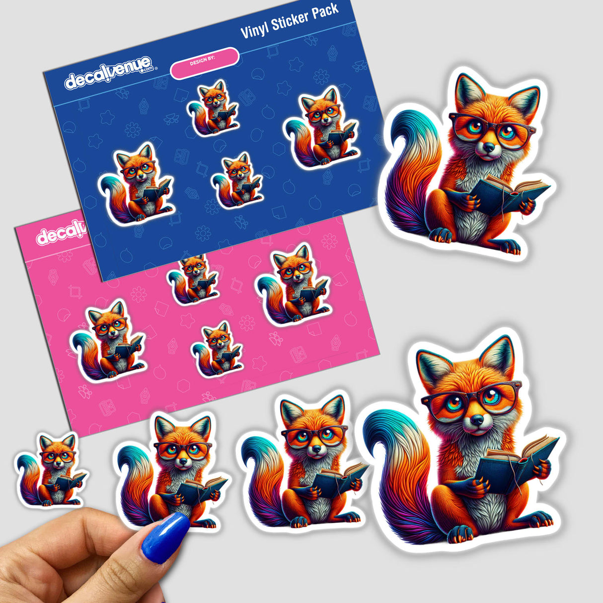 Cartoon stickers featuring a fox with reading glasses and an open book, available as physical stickers or digital artwork. A hand holds a book, showcasing the playful design.