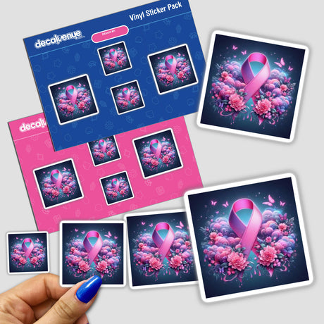 Breast Cancer Silver Series 5: Stickers featuring pink ribbons adorned with flowers and butterflies, emphasizing awareness and support. Available as physical stickers or digital artwork.