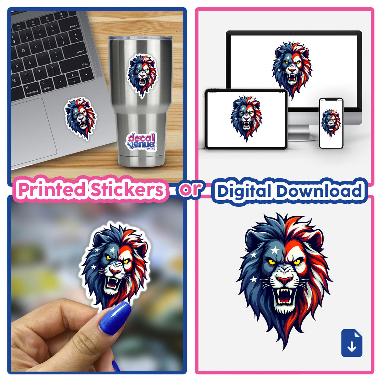 A Cool American Flag Lion sticker on a laptop, depicting a lion's face with red, white, and blue hues, available as stickers or digital artwork from Decal Venue.