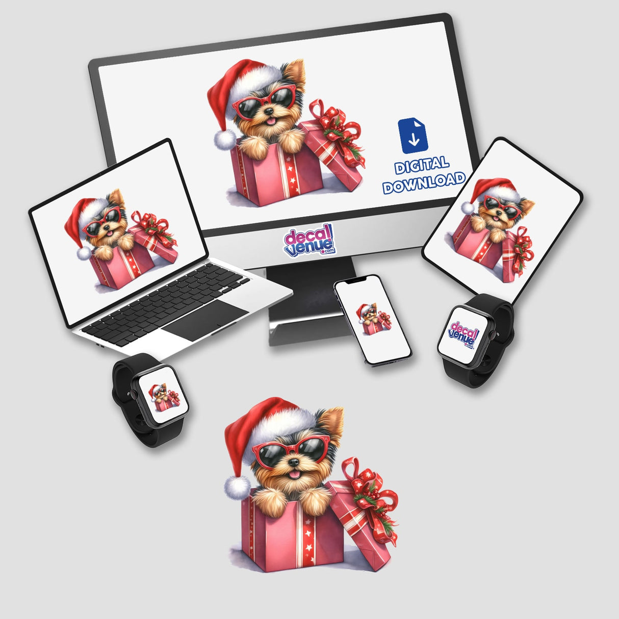 Christmas Lights Santa Sunglasses Yorkie Dog in Gift Box sticker or digital artwork, featuring a cartoon Yorkie with sunglasses and a Santa hat, surrounded by tech devices displaying related images.