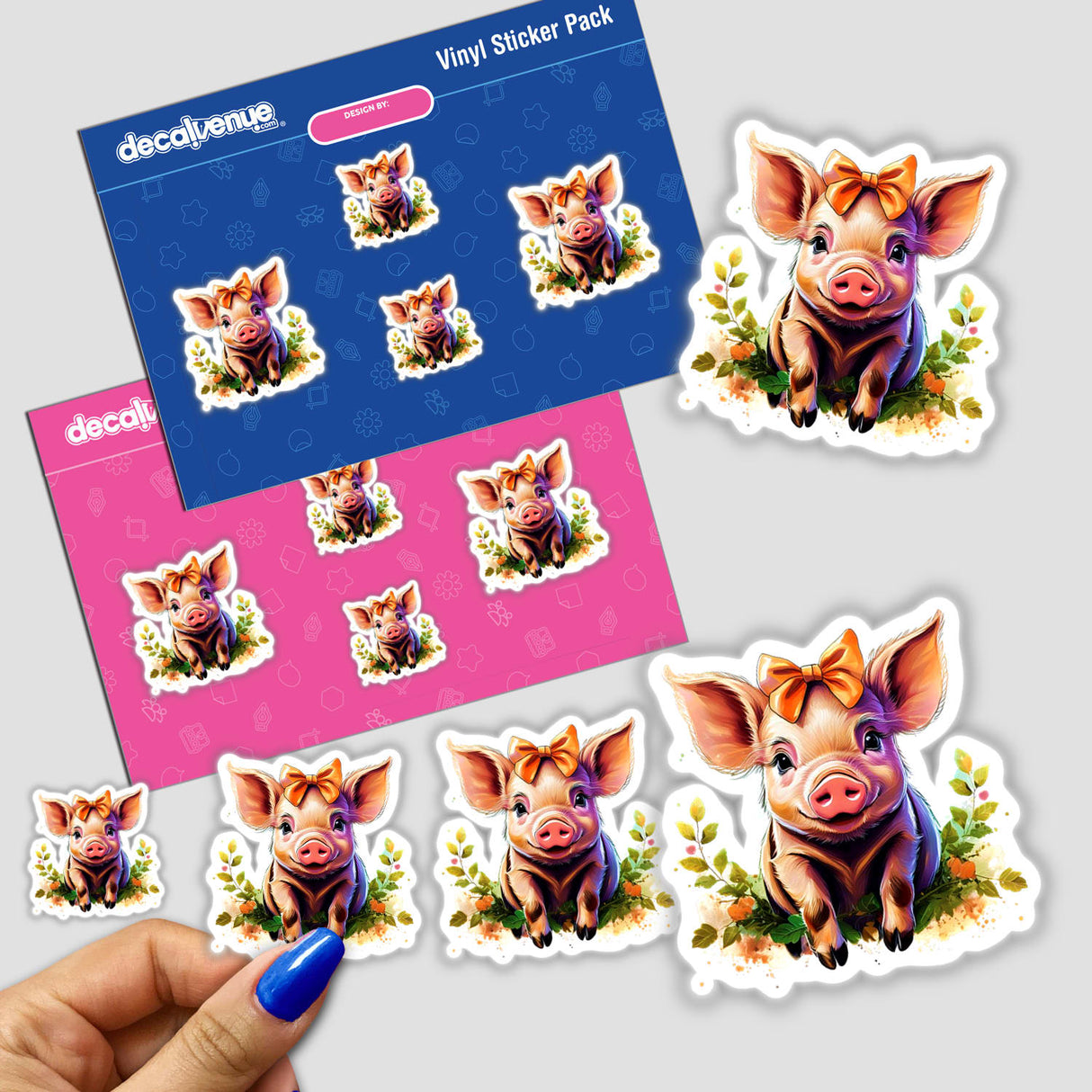 Sticker pack titled Piglet, featuring various cartoon pigs, including one with a bow, and a hand holding a sticker. Available as Stickers or Digital Artwork from Decal Venue.