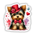 Watercolor Valentine Yorkie Dog wearing a charming hat and bow tie, available as stickers or digital artwork, capturing the elegance and playfulness of a Yorkshire Terrier.