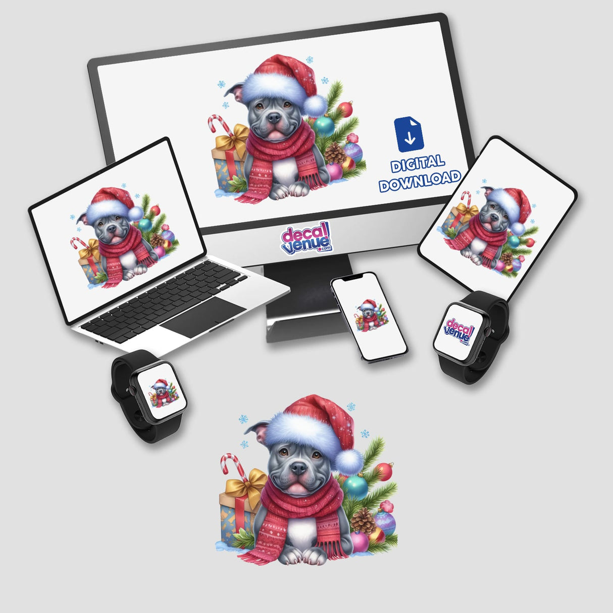 Christmas Pitbull Dog in Santa Hat III featured on a computer screen, showcasing a festive dog in a hat and scarf. Available as stickers or digital artwork from Decal Venue.