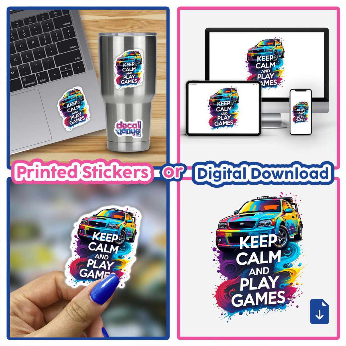 Collage featuring Keep Calm And Play Games gaming quote as a sticker on a laptop, emphasizing unique design suitable for digital artwork or stickers from Decal Venue.