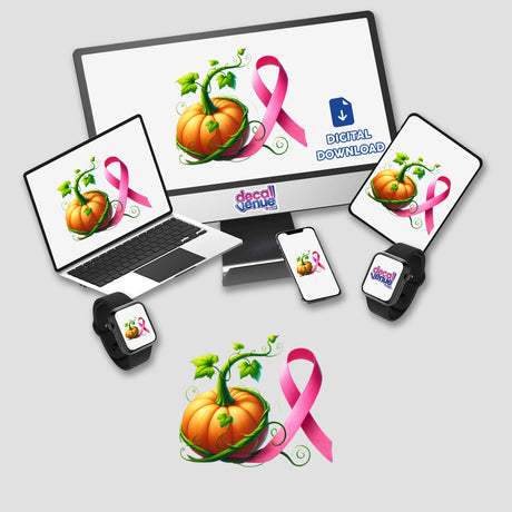 Pumpkin Pink Ribbon Breast Cancer stickers featuring a computer monitor, laptop, pumpkin, and smart watch adorned with pink ribbons, available as unique stickers or digital artwork.