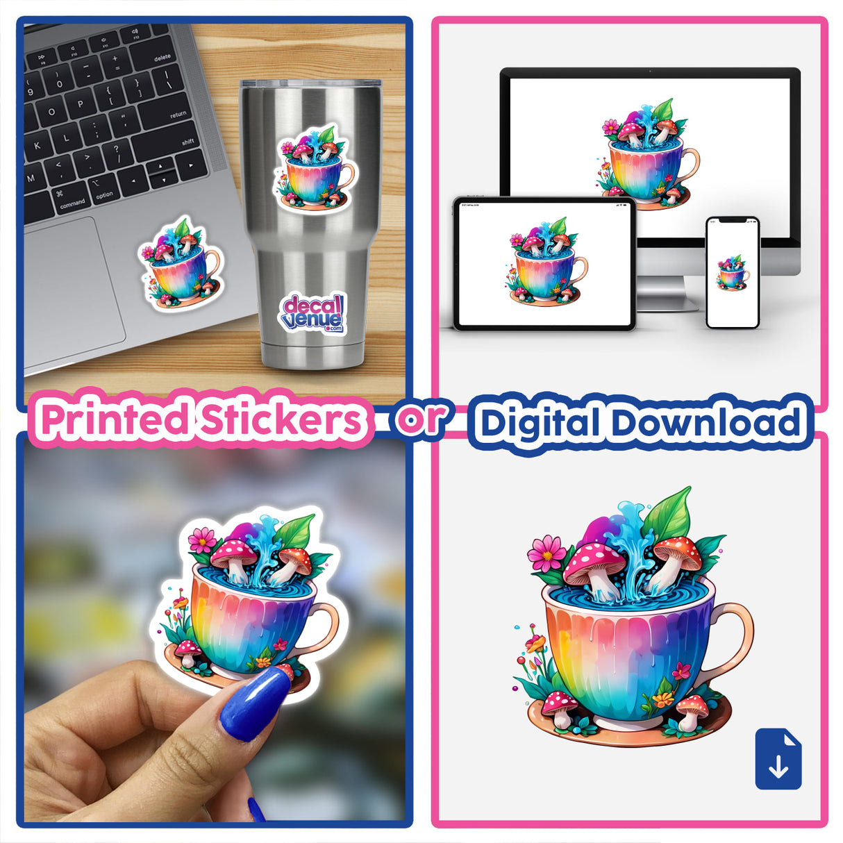 Collage of a laptop and a teacup with Enchanted Teacup: Filled with Magic Mushrooms design, featuring colorful mushrooms and flowers, available as stickers or digital artwork.