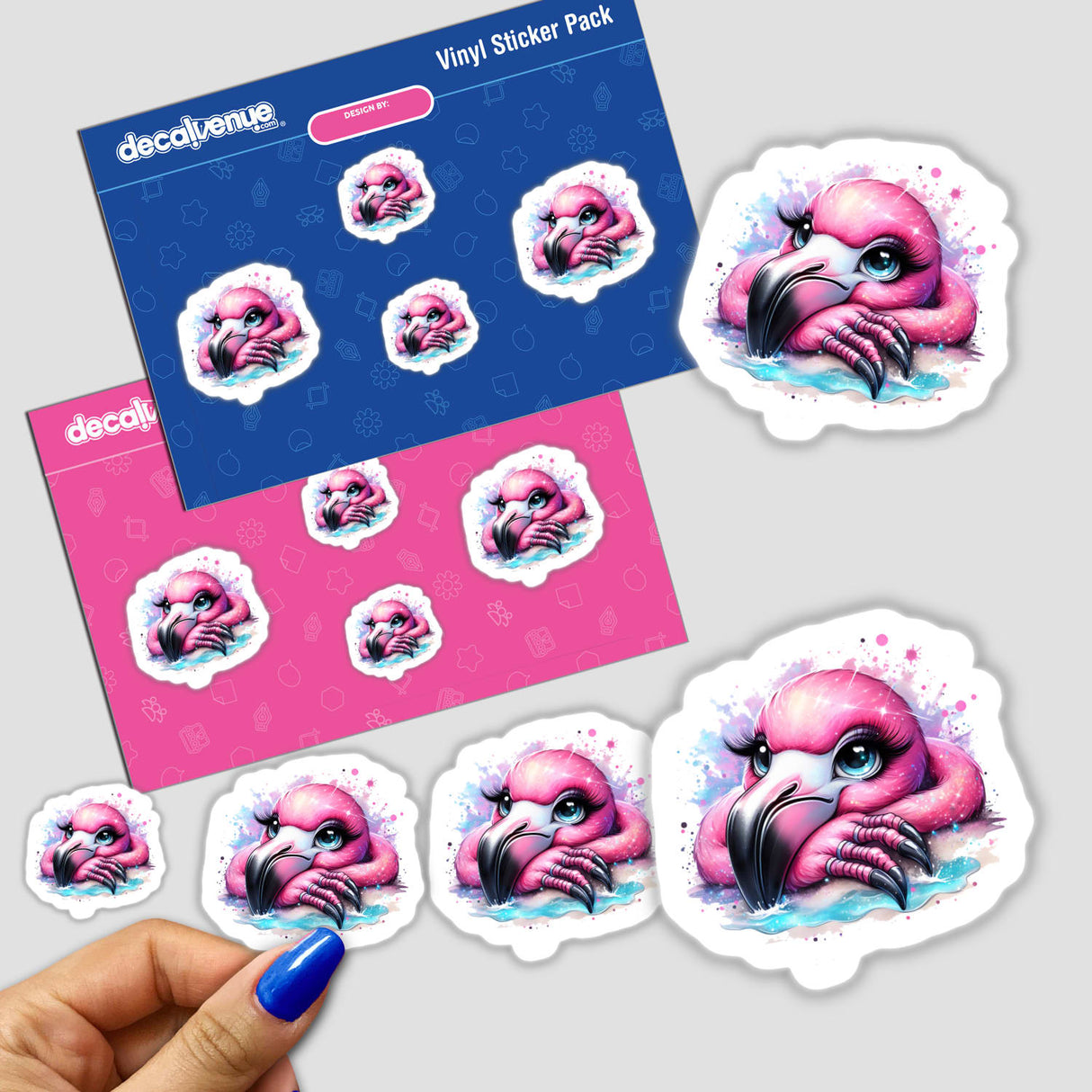 Vibrant pink flamingo digital artwork stickers featuring a detailed, whimsical design displayed in a Decal Venue vinyl sticker pack.