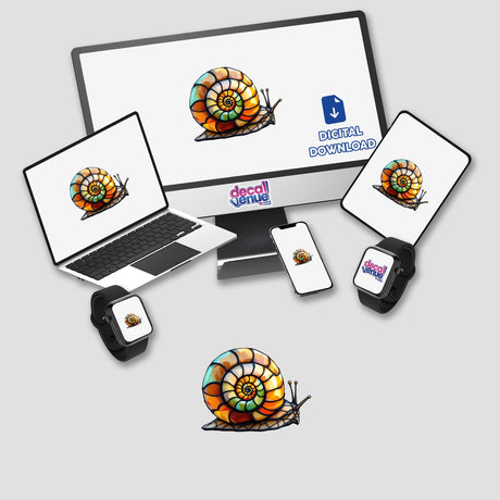 Snail Stained Glass Style design displayed on multiple screens, including a monitor and laptop, showcasing its intricate pattern. Available as stickers or digital artwork from Decal Venue.