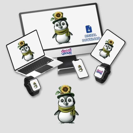 Penguin with Sunflower Hat and Green Scarf depicted on a computer monitor and laptop screen, available as stickers or digital artwork from Decal Venue.