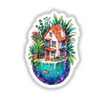 Tropical Seaside House Sticker: A whimsical cartoon house on a floating island with plants and fish, capturing colorful, playful art. Available as stickers or digital artwork at Decal Venue.