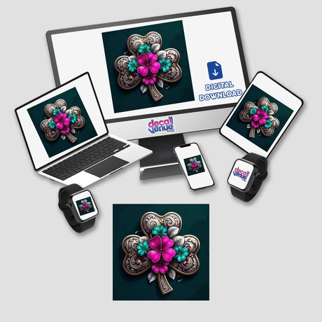 Ornate Silver Shamrock with Vibrant Floral Accents displayed on a laptop screen, smartwatch, and tablet, available as stickers or digital artwork from Decal Venue.