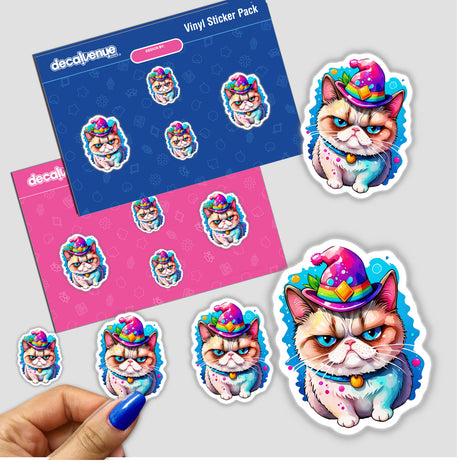 Grumpy Cat in a Witch Hat: Adorable Sticker featuring a cartoon cat wearing a hat, perfect for adding a whimsical touch to your belongings.