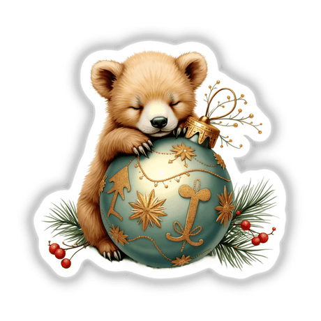 Bear Cub Sleeping on Christmas Ornament sticker, perfect for laptops and water bottles, or as a digital download for DIY projects. Adorable bear hugging a festive ornament, adding holiday cheer.