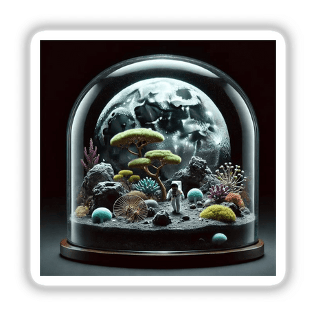 Lunar Garden - Moon Surface Inside a Terrarium: A glass dome featuring a miniature planet and an astronaut figure, available as stickers or digital artwork.