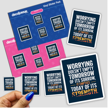 Hand holding a sticker pack featuring the Corrie Ten Boom quote: Worrying Doesn’t Empty Tomorrow. Part of Decal Venue's Inspirational Christian Clipart & Sticker collection.