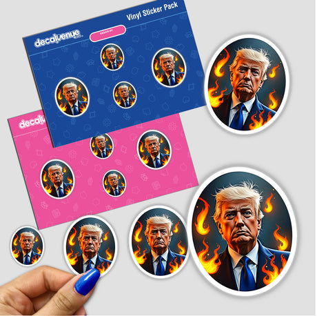 Stickers featuring President Donald Trump in a suit and tie, with flames surrounding him, emphasizing a bold and striking design available as unique vinyl stickers or digital artwork.