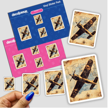 Hand holding a sticker pack titled Vintage Airplane on Antique Map featuring an airplane illustration flying over a detailed map. Available as stickers or digital artwork from Decal Venue.