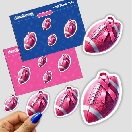 Sticker pack featuring pink footballs with pink ribbons, promoting breast cancer awareness. Available as stickers or digital artwork.