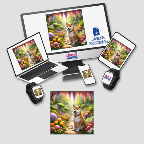 Shiba Inu in a Dreamy Japanese Garden Watercolor Illustration displayed on a computer monitor, laptop, and tablet. Available as stickers or digital artwork, showcasing the unique style of Decal Venue.