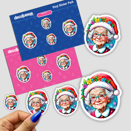 Hand holding a Santa Granny: Kawaii Watercolor sticker featuring a cartoon of an old woman in a Santa hat.